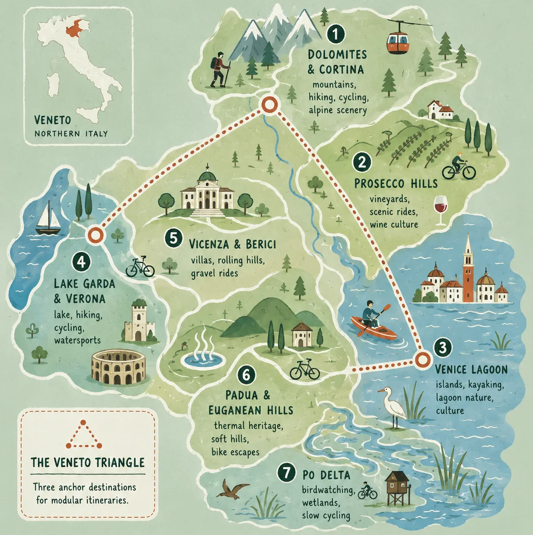 Illustrated map of Veneto with its areas: 1. Dolomites & Cortina, 2. Prosecco Hills, 3. Venice & the Lagoon, 4. Lake Garda, 5. Vicenza & Bassano, 6. Padua & Euganean Hills, 7. Po Delta