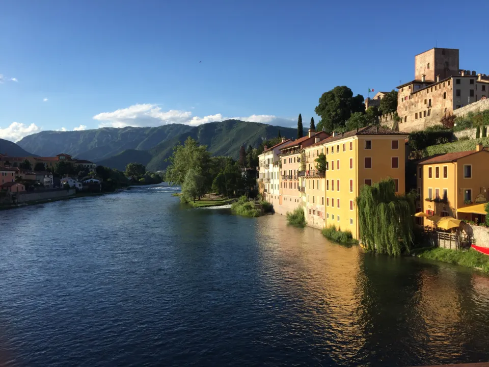 Colourful houses along the Brenta river in Bassano del Grappa