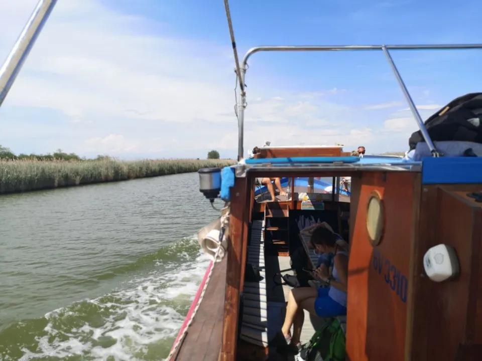 Traditional wooden boat cruising along a reed-lined lagoon channel