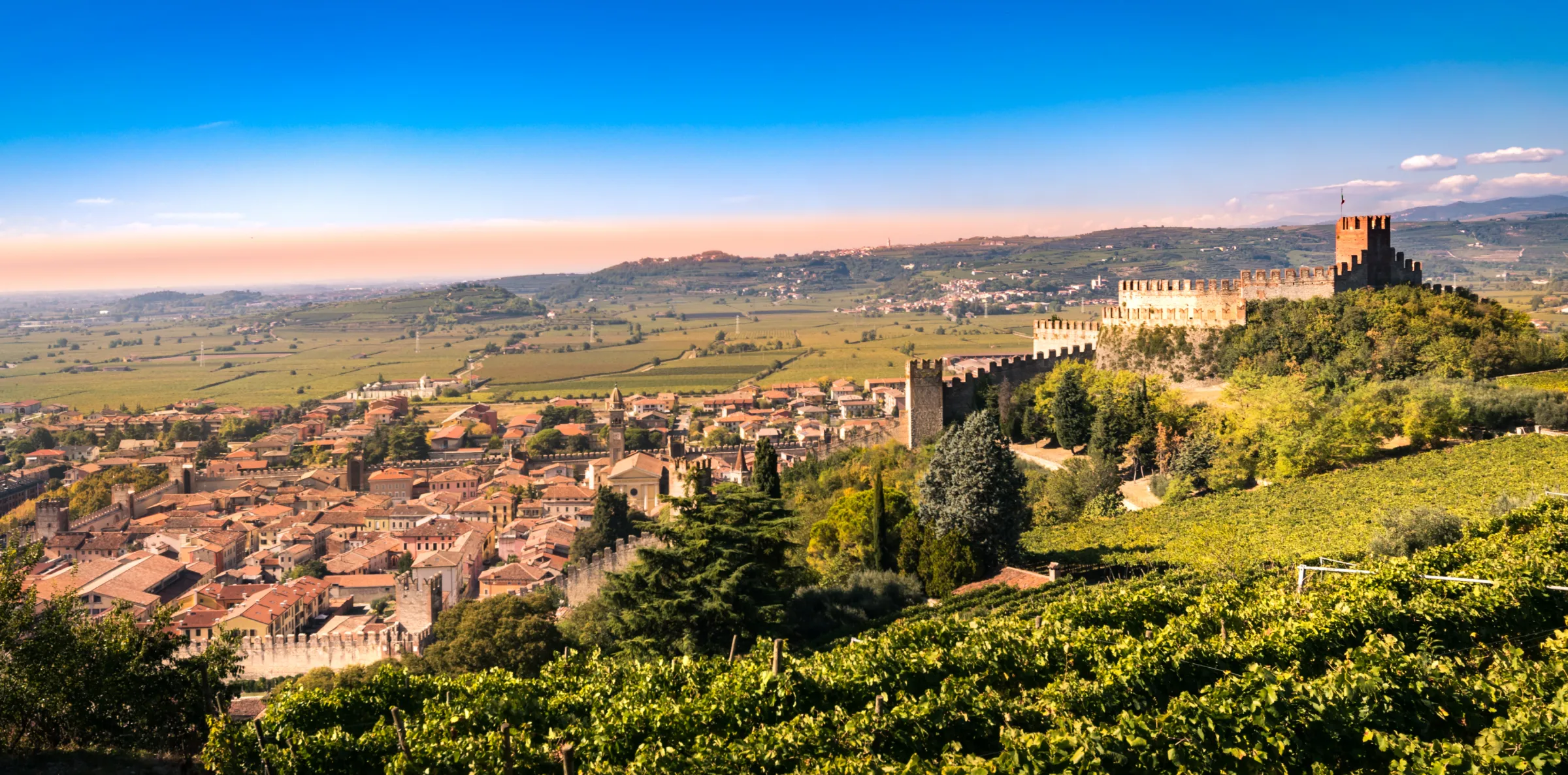 Soave Castle and its medieval walls above the vineyards, in the province of Verona